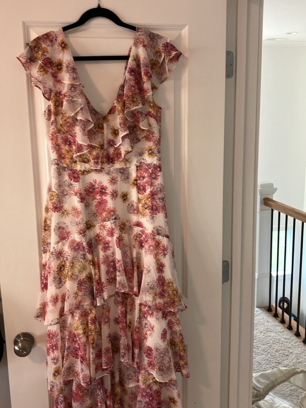 Wayf Pink & Yellow Floral High-Low Ruffle Maxi Dress